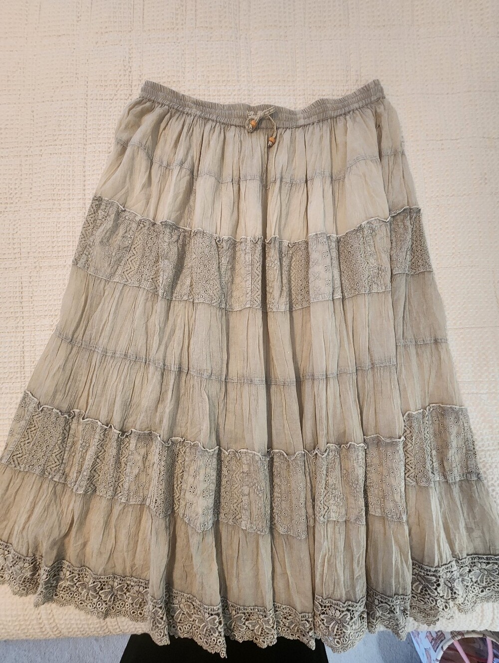 Young Threads Boho Tiered Lace-Trim Maxi Skirt in Latte NWT 2X Drawstring Waist